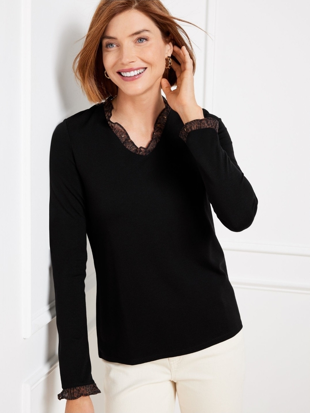 Talbots Black Lace-Trim V-Neck Long Sleeve Top